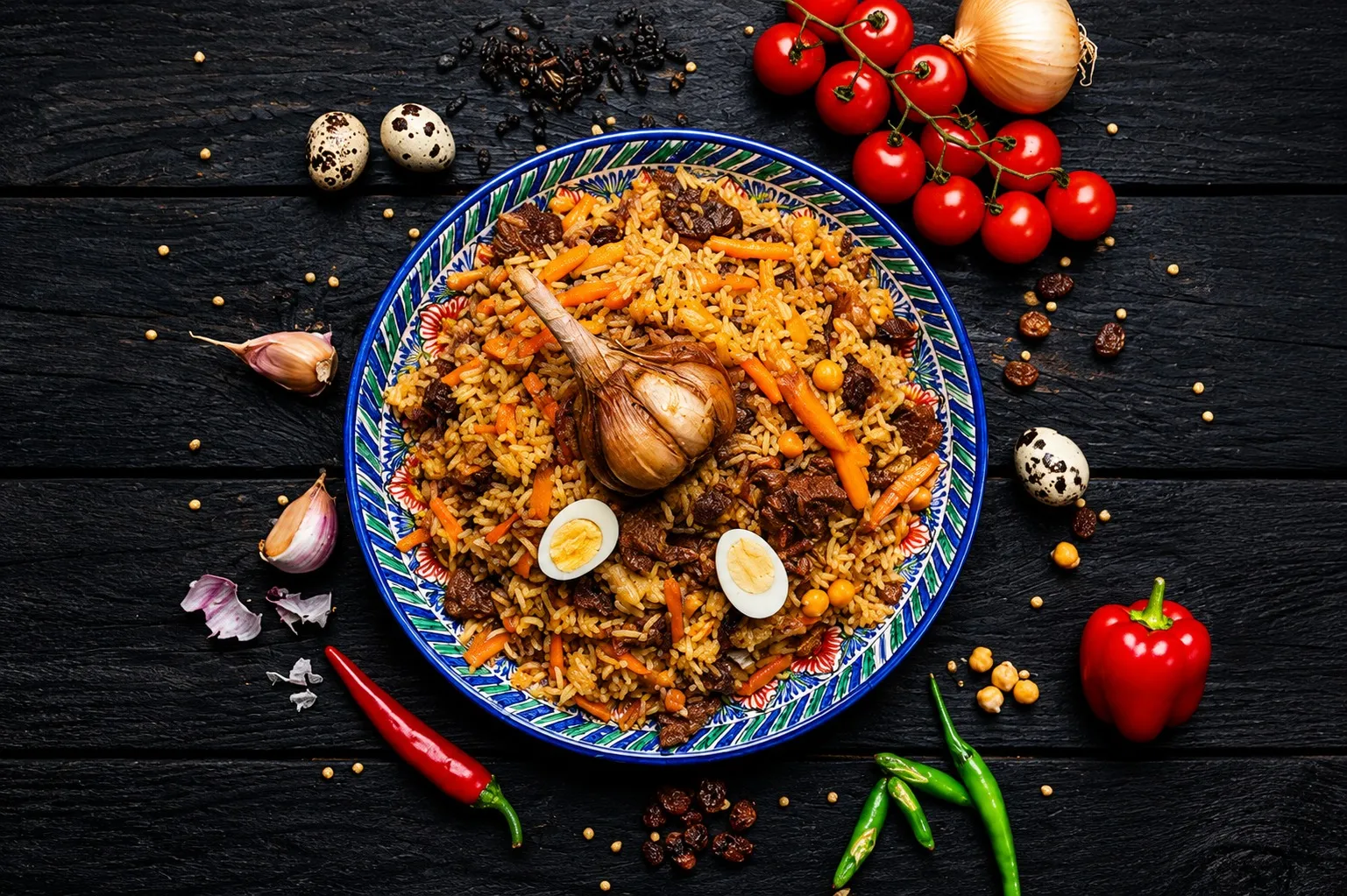 Tepadan olingan bir likopcha osh — guruch, sabzi, go‘sht, sarimsoq va bedana tuxumi